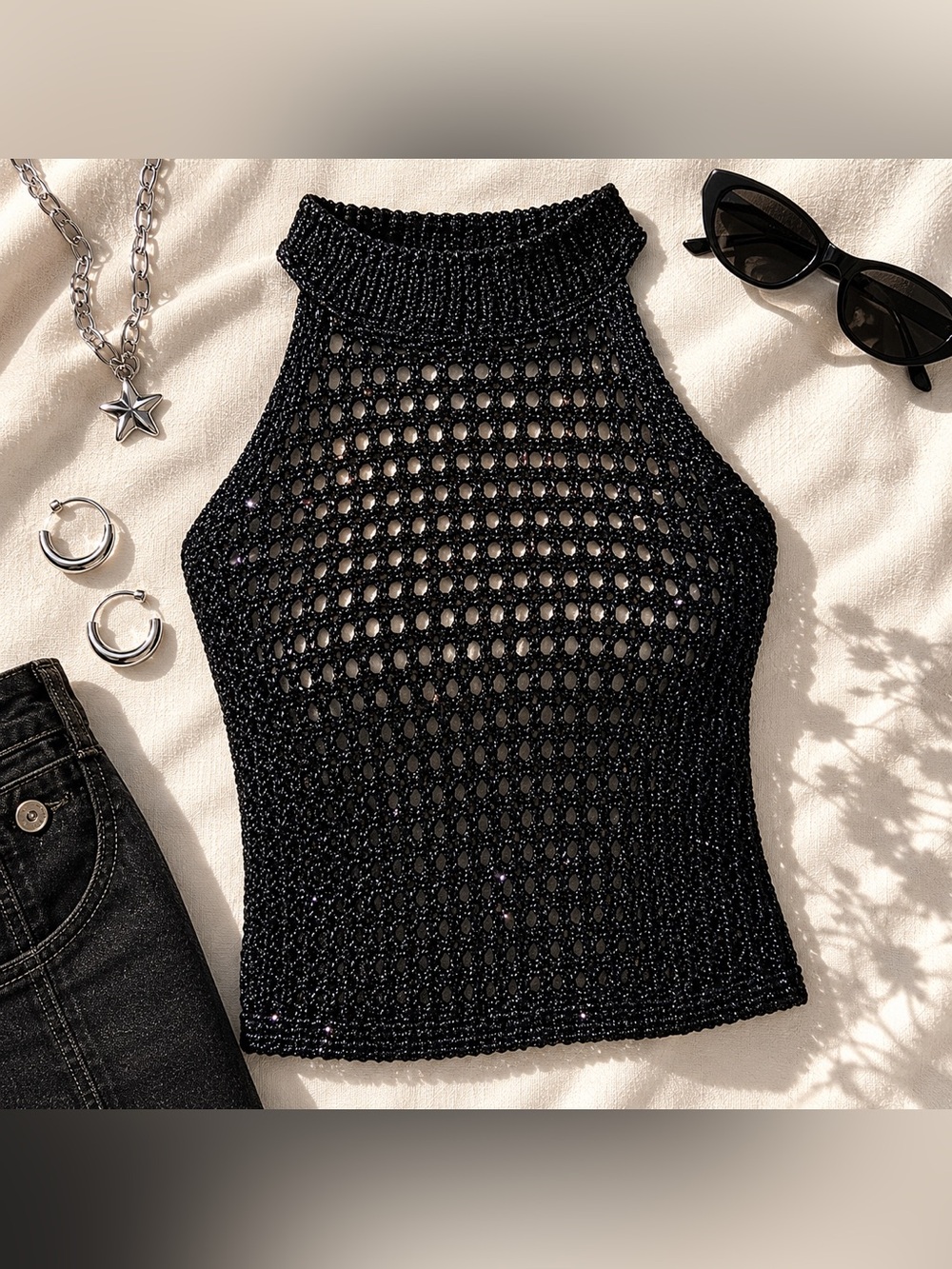 House of Harlow 1960 Black Metallic Crochet Halter Top L